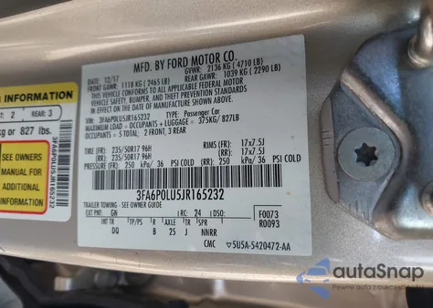 2018 Ford Fusion Hybrid Se z USA, uszkodzony, nr VIN 3FA6P0LU5JR165232